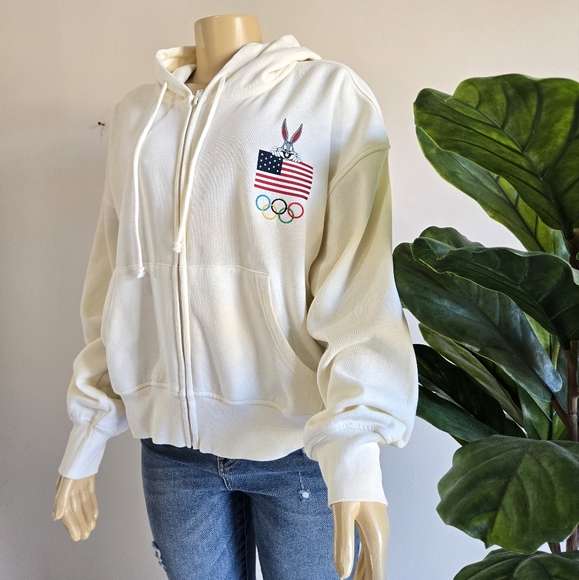 Warner Bros. Looney Tunes Zip-Up Hoodie Size XL Women Cream Color Soft - Picture 6 of 11